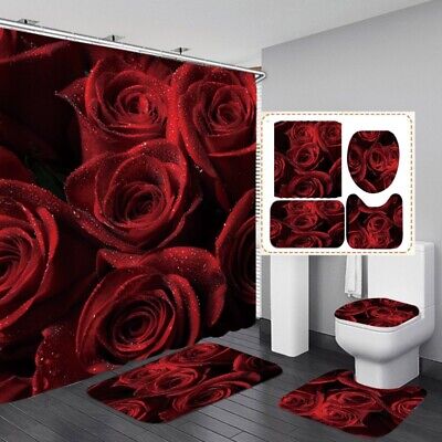 Deluxe Rose Flower Shower Curtain, Toilet, Bath Mat Sets Non-Slip | Decor Gifts and More