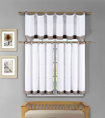 Modern Design, 3 Pc Brown White Kitchen Window Curtain Set: 1 Valance, 2 Tiers | Decor Gifts and More