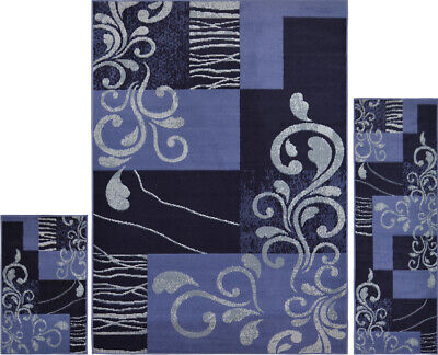 Casual Vines Blocks Blue Leaves 3 Piece Area Accent Rug Runner Set - Home Decor Gifts and More