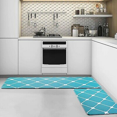 Anti Fatigue Comfort Floor Rug Runner Non Slip Blue Geometric Pattern 2 Piece Rug Set - Home Decor Gifts and More