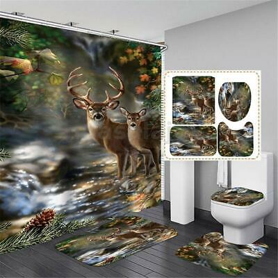 4PCS Forest Creek Deer Shower Curtain Bathroom Rug Set | Decor Gifts and More